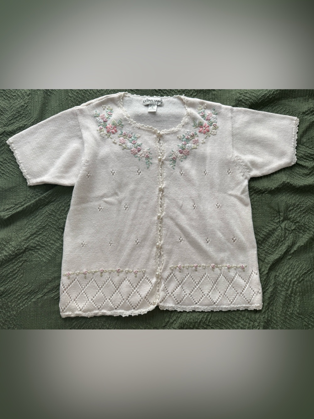 Celina Yang Floral Embroidered Pearl Button Cardigan Sweater Ivory Size M